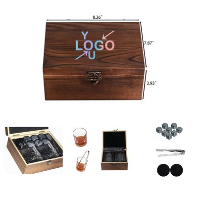 Whiskey Glass Set With Steel Ice Stones And Wooden Box