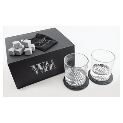 Whiskey Set with Two 9 oz. Glasses, Two 4" Slate Coasters, and 8 Granite Whiskey Stones with a Bag